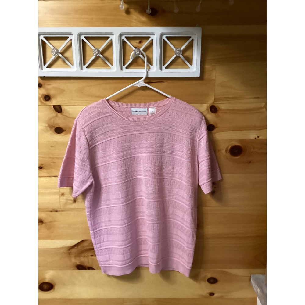 Alfred Dunner Pink Knit Short Sleeve Sweater Vintage Pointelle Crew Neck Small